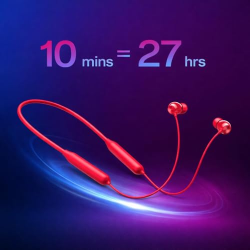 Image of Susnwere Blutooth Neckband Compatible OnePlus, Z3 Wireless /Realme /Oppo /Samsung W in-Ear Neckband with 12.4mm Drivers, 3D Spatial Audio,10 mins Charge for 27 hrs Playback, (Blood Red)