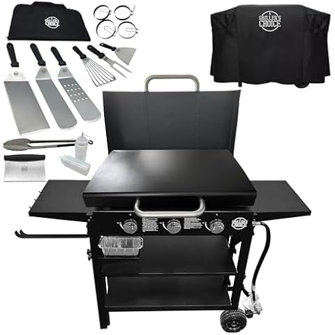 Griller's Choice Gas Griddle Bundle - Griddle, 16 pc Spatula Set, Griddle Cover - Hinged Hood, Wind Guards, No Mess Disposable Front Grease Cups, 4 Shelves, Propane Flattop Griddle Grill Cover