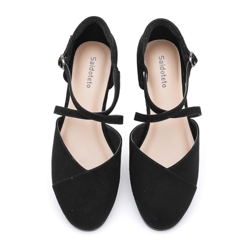 Saidoteto Women's Ankle Strap Flats - Comfortable Round Toe Dress Shoes with Adjustable Buckle, Criss-Cross Design for Work, Wedding, Office & Casual. Black Size 9 WFT240810-03