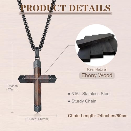 Wooden Cross Bible Verse Necklace for Men, Hawaiian Handmade Real Black Ebony Wood Cross Pendant Stainless Steel Chain, Mens Cross Necklaces Koa Wood Jewelry Christian Baptism Easter Gifts3