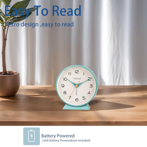 Image of Tinload 4.5 inch Battery Operated Retro Analog Alarm Clock, Small Silent Bedside Desk Clock,Lighted on Demand, Battery Operated, Snooze, for Living Room, Bedroom, Bedside, Desk(Green)