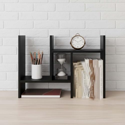 Image of Adjustable Wooden Desktop Bookshelf, Expandable Office Storage Rack, Modern Rectangular Design, Engineered Wood, Glossy Finish (Black)