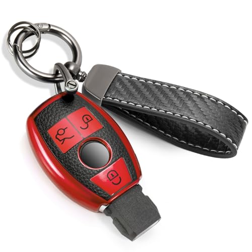 Image of Key Fob Cover for Mercedes Benz, Carbon-Fiber-Style Case, Red | Wear-resistant TPU shell, carbon-fiber-style PU belt, daily splash, scratch and drop protection, normal signal use