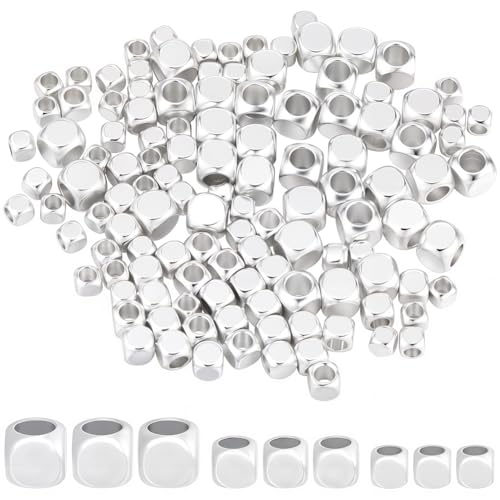 CREATCABIN 150Pcs Cube Spacer Beads 925 Sterling Silver Cornerless Cube Beads Loose 3 Sizes Stackable Metal Small Beads Smooth Beads for Summer Hawaii Bracelet Necklace DIY Jewelry Making 4/3/2.5 mm