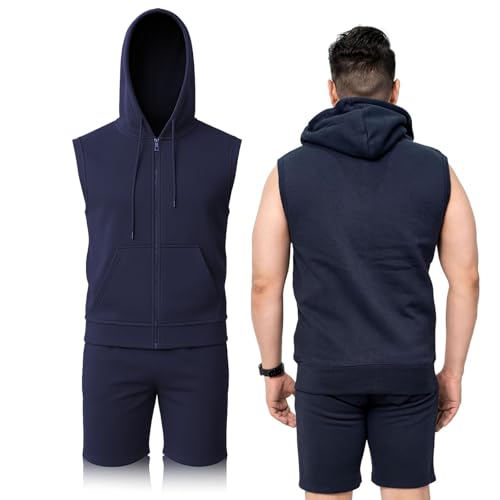 NOROZE Herren-Kapuzenpullover und kurzer Trainingsanzug, ärmellos, mit Reißverschlusstaschen, lässiges Oberteil (L, Navy)