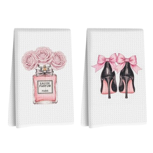 Image of Hanamiya Na 2Pcs Pink Hand Towels Decor for Bathroom 24x14 Inch, Bow Decor Reusable Towel, Waffle Weave Tea Towels for Bathroom Kitchen Farmhouse Decor, Washroom Gifts for Women Friend