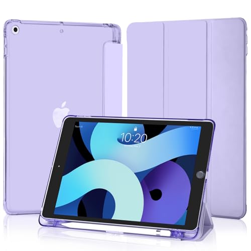 4UBonLife Cover Per iPad 9a/8a/7a Generazione 10,2 Pollici 2021/2020/2019 con Portapenna, Custodia Protettiva Sottile con Retro Rigido Traslucido Guscio Case per iPad 7/8/9, Viola Chiaro