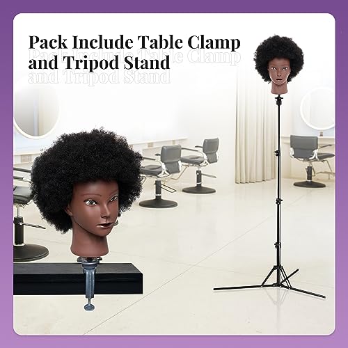 100% African Mannequin Head Human Hair,4C Afro Curly Cosmetology Manican Manikin Doll Head with 47“ Mannequin Head Stand,Table Calmp,Braiding Set for Display Practice Braiding Styling Training