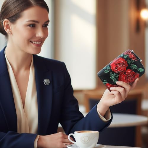 Image of CONISY Small Leather Womens Credit Card Holder Wallet with RFID Blocking (Red Rose)