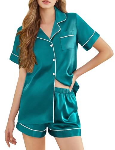 Image of Silk Pajamas for Women Short Sleeve Sleepwear Soft Button Down Loungewear 2 Piece Satin Pjs Shorts Set S-XXL