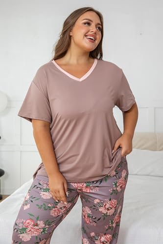 Image of Vozanet Women's Pajama Sets Short Sleeve with Long Pant Soft Sleepwear Printed pj Loungewear With TWO Pockets Size 1X to 5X