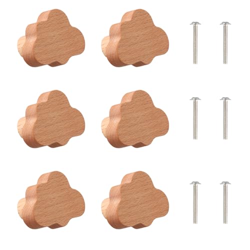 Boutons d'Armoire en Bois pour Chambre d'Enfant, 6 Boutons de Meuble, Boutons de Tiroir en Bois Massif avec Vis, Poignées de Tiroir pour la Décoration pour...