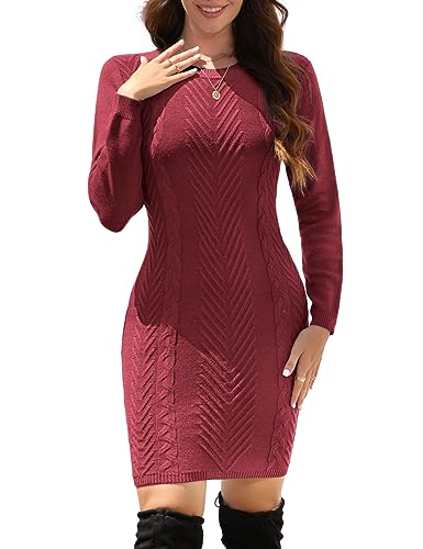 UMIPUBO Vestidos Invierno Mujer Vestidos de Punto Fiesta Navidad Nochevieja Vestido de Cuello Redondo de Manga Larga Sexy Vestido Falda de Cadera(Vino Tinto,L)