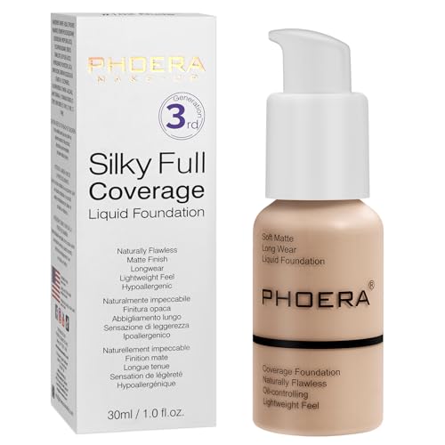 PHOERA Fond de Teint,PHOERA Foundation,imperméable Professional Makeup Fond de Teint Liquide Couvrant Tenue 24h - Matte & Poreless Finish (102- Nude)