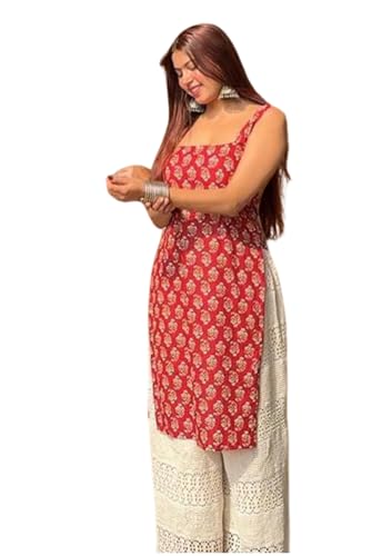 Image of Women's Sleeveless Ajrak Print Kurti, Pure Cotton Straight Fit Straight Cambric Jaipuri Printed Kurti