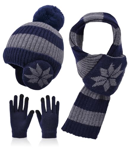 Image of Kids Winter Beanie Hat Scarf Gloves Set 3Pcs, 3-12Y Fleece Lined Knit Hat With Earmuffs Pom Touchscreen Gloves For Boys Girls