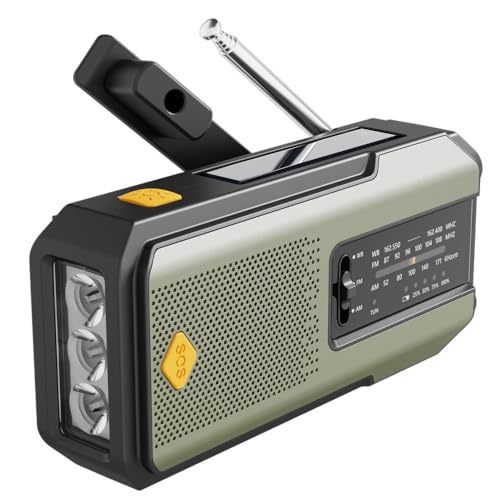 Radio de Emergencia Solar con Manivela, Alternativa Ecológica a Radio a Pilas, con Linterna LED de Alta Intensidad, Power Bank USB y Alarma SOS para Camping, Apagones y Supervivencia
