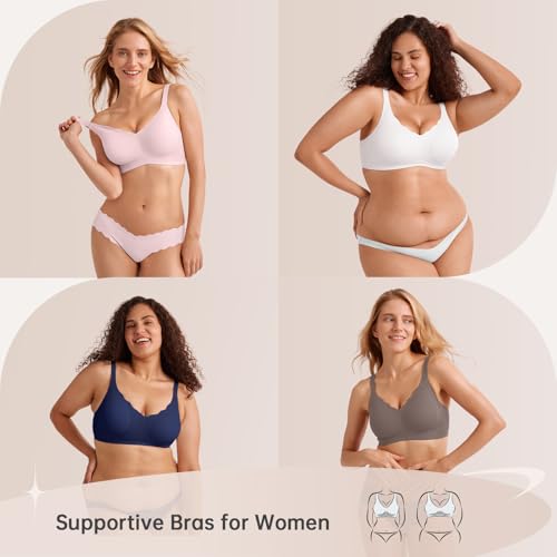 LetsJoli Wireless Seamless Bras for Women No Underwire Push Up Scalloped V Neck Full Coverage Support Bralettes Everyday Bras White - Image 5