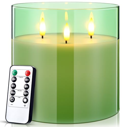 Image of Retisee 6'' x 6'' Extra Large Flameless Candles, 3 Wick Glass Large Fall Candles with Remote Control and Timer Function, Real Wax LED Pillar Flickering for Autumn Party Decor(Classic,Green,1 Pcs)