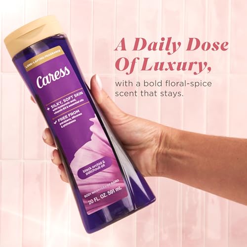 Image of Caress Black Orchid & Patchouli Oil Body Wash, 20 fl oz (4 Pack) | Hyaluronic Acid & Vitamin B3, Moisturized, Silky Soft Skin, Long-Lasting Exotic Fragrance
