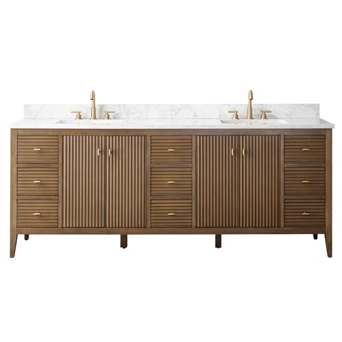 HOMEBEYOND 84" Bathroom Vanity with Double Sink & Engineered Marble Top, Solid Wood Frame, Linear Pattern & Soft Close Door | Golden Brushed Handware,Walnut