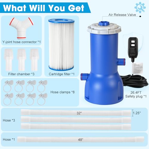 Pool Pump and Filter Above Ground, 1000 Gallon Swimming Filter Cartridge Pumps, Electric Filters Pump for Pools Sand Cleaning Tool, 1000 GPH Pool Pumps for Above Ground by ONEANU - Used condition - Image 8