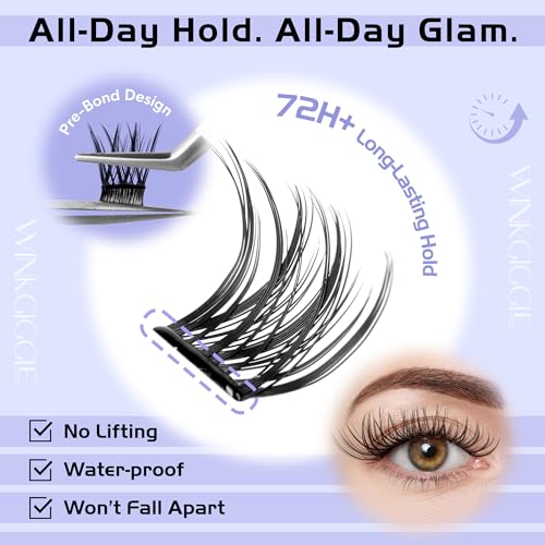 Image of Self Adhesive Lash Clusters 216pcs Natural Pre Glued Eyelash Clusters, Wispy D Curl Press on Lashes No Glue Needed No Remover, 10-16mm, WINKGIGGLE A01 with Tweezers