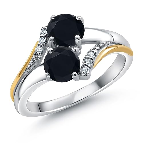Gem Stone King 10K Yellow Gold and 925 Silver Black Onyx and White Lab Grown Diamond Accent Engagement Ring For Women (0.98 Cttw, Gemstone December Birthstone, Round 5MM, Available in Size 5,6,7,8,9)