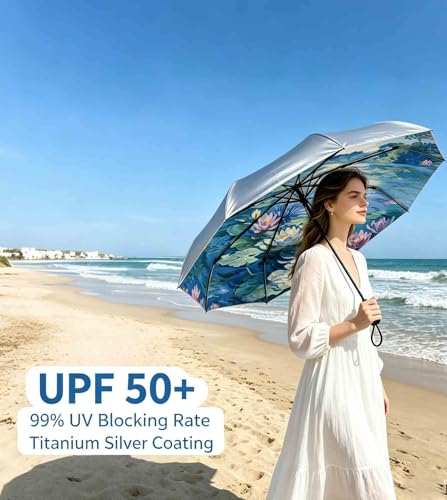 Image of SIEPASA Compact Travel Umbrella - Windproof Auto Open /Close, Small Folding Umbrella for Rain & Sun with UPF50+ - Lightweight Frame, Waterproof - Fits Backpack, Purse, Suitcase.(Silver /Water Lily)