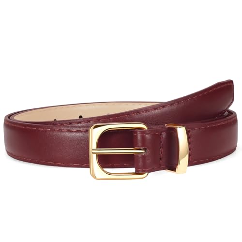 VONMELLI Womens Leather Belt for Jeans Pants Dress Fashion Ladies Thin Skinny Belt with Gold Buckle for Women Burgundy M