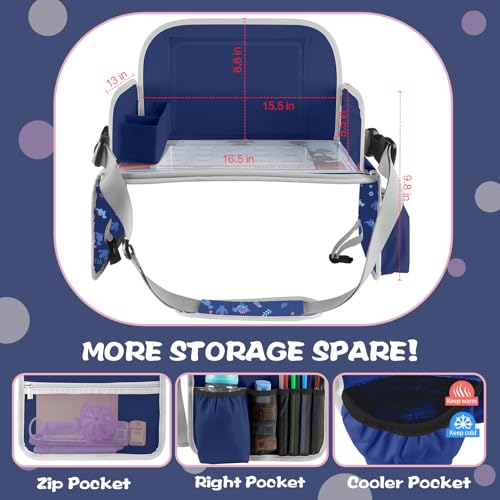 Image of MENZOKE Kids Travel Tray for Toddler Car Seat, Road Trip Essential Lap Tray | Toddler Gift for Boy Activities with Dry Erase Board, iPad Holder Stand, Cooler Cup Holder & Adjustable Strap, Dark Blue