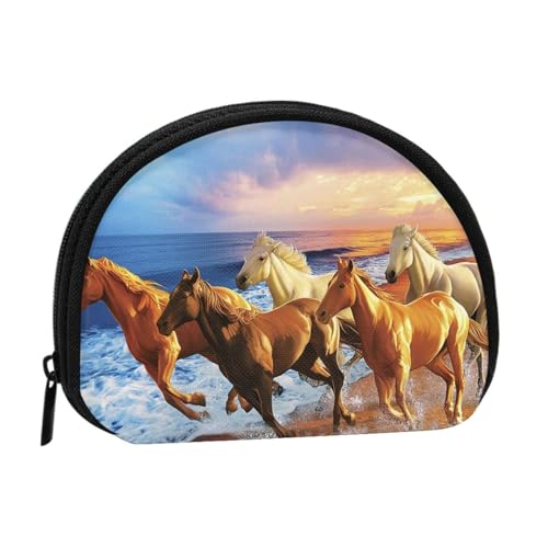 Porte-monnaie portable avec imprimé loups étoilés, pratique pour un usage quotidien, Chevaux sur la plage, Taille unique, Pochette à monnaie