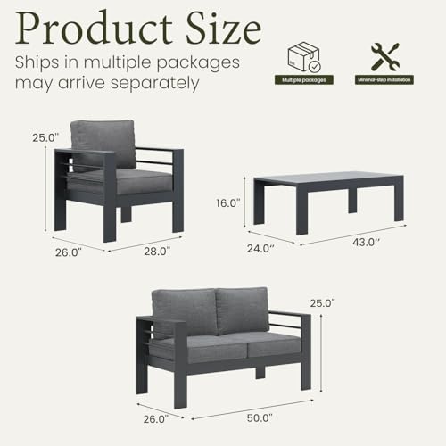 LayinSun Outdoor Aluminum Furniture Set, 4 Pieces Patio Sectional Conversation Chat Sofa Modern Seating Set with Coffee Table