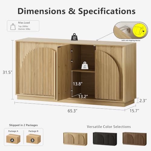 Image of win2win 65 inch Sideboard Buffet Cabinet with Storage, Modular Credenza, Oak