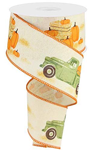Image of Pumpkin Pickup Truck Wired Ribbon - 2 1 /2 inch x 10 Yards, Autumn Gift Basket, Fall Wreath, Swag, Thanksgiving, Halloween, Bows, Centerpiece, Fundraiser, School Classroom, Decoration