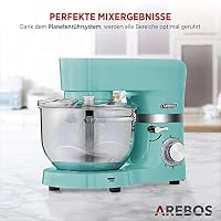 Arebos Küchenmaschine 1500W Türkis | Knetmaschine mit 2x Edelstahl-Rührschüsseln 4,5 & 5,5L | Geräuscharm | Küchenmixer mit Rührhaken, Knethaken, Schlagbesen und Spritzschutz | 6 Geschwindigkeiten – Ansicht 5