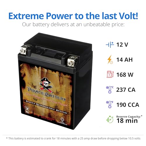 Image of Pirate Battery YB14A-A2 12V 190 CCA Conventional - 14 Ah Battery for ATV, Motorcycle, Snowmobile, Jet Ski - T3 Nut & Bolt Terminal - Fits Polaris Sportsman 90, Kawasaki KLX110