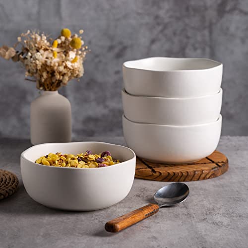 Amorarc Stoneware Cereal Bowls For Kitchen, 28Oz Large Ceramic Soup Bowls Set Of 6 For Meal, Chip-Resistant Kitchen Bowls With Wavy Rim, Reactive Glaze-Matte White #TOP4