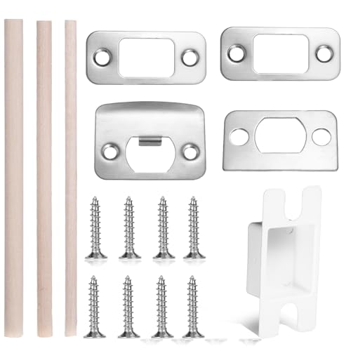 Stainless Steel Door Lock Strike Plate Repair Kits with Wood Dowel Strips, Standard Door Lock Strike Plate with Spacer Shim, Deadbolt Strike Plate Door Latch Restorer Repair Kits to Fix Door Won’T Lat