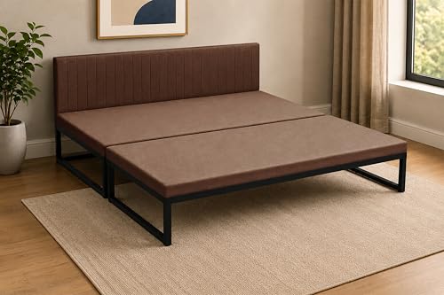 Image of Metal Sofa Cum Bed for Living Room | Modern Industrial Design Metal Frame 3 Seater Sofa Bed for Home, Office & Lounge-Brown
