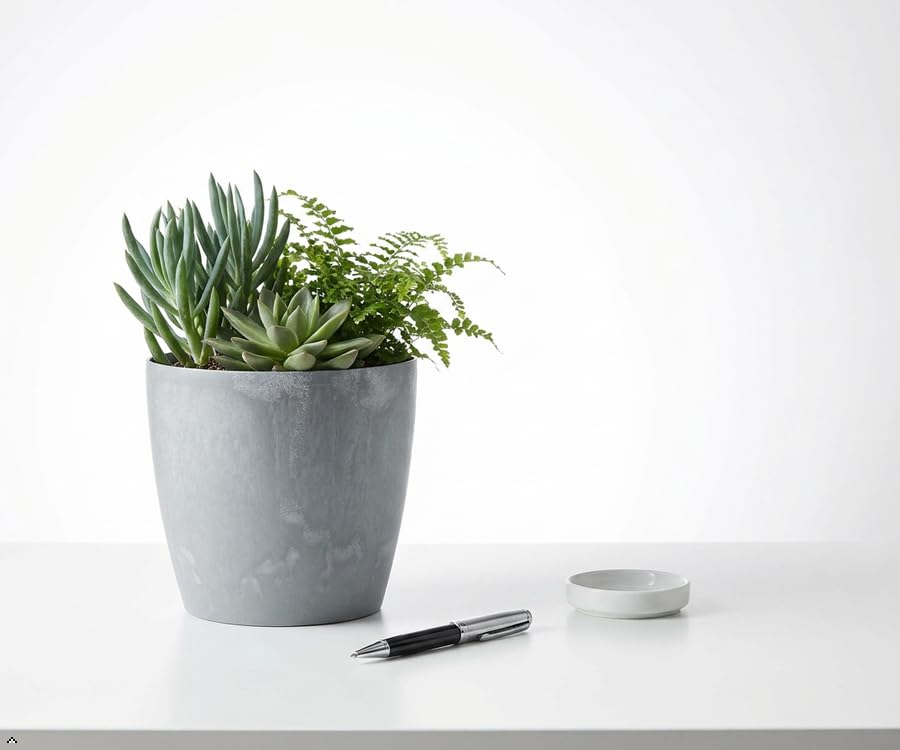 Concrete Effect Small Plant Pot 21cm x 18cm - Plastic Indoor Outdoor Flower Pot, Modern Garden Planter for House Plants, Garden, Patio & Balcony, Lightweight Decorative Planter, Concrete Grey — image 1
