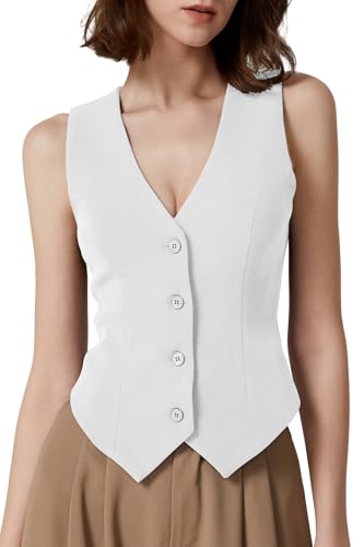 QINSEN Vest for Women V Neck Sleeveless Fully Lined Button Front Fashion Casual Waistcoat White S