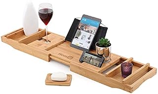 Homiu Bath Caddy Bamboo Expandable 100% Natural Bamboo Wooden Bathtub Tray with Book and Tablet Stand Wine Glass Holder Luxury Organiser for Bathroom Home Spa