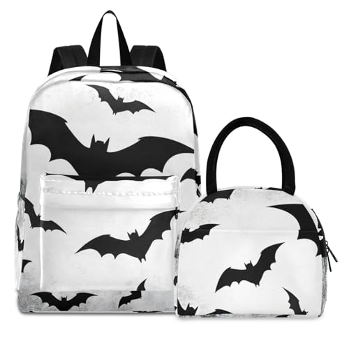 Backpack Lunch Bag Set Bats Shadow Print, Big Storage Travel Backpacks with Insulated Lunch Box for Office Hiking Picnic