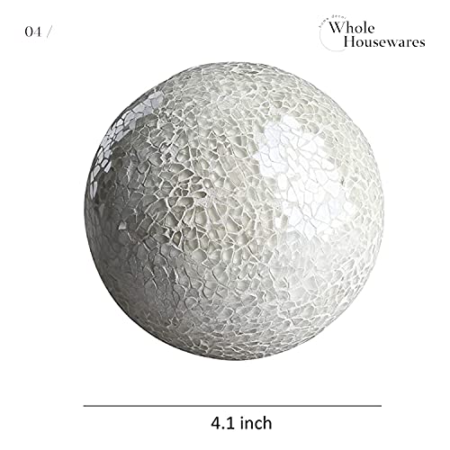Whole Housewares | Decorative Balls | Set Of 3 Glass Mosaic Orbs For Bowls | 4" Diameter | Table Centerpiece | Coffee Table And House Decor (White) #TOP3