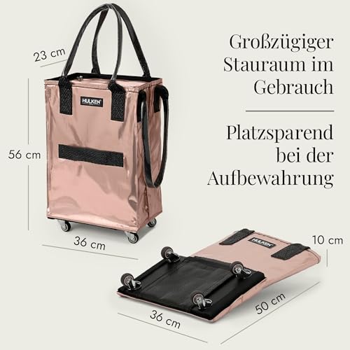 HULKEN - (Klein, Roségold) Wiederverwendbare Einkaufstasche auf Rädern. Der Einkaufswagen trägt bis zu 15 kg, hat robuste Griffe, einen Reißverschluss und ist flach, leicht und zusammenklappbar. – Bild 5