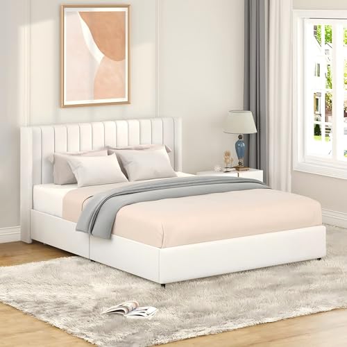 CFTEL Queen Size Bed Frame with Patented 4 Drawers Storage/Upholstered Platform Bed Frame with Vertical Stripes Tufted Headboard & Wooden Slat Mattress Support, No Box Spring Needed, Boucle, Ivory
