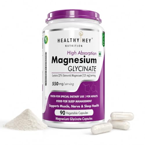 Image of HealthyHey Nutrition Magnesium Glycinate Supplement High Absorption for Sleep, Cramps, & Nerves Health - 90 Vegetable Capsules