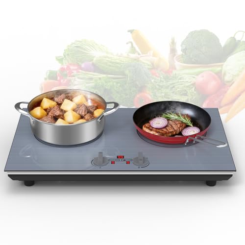 Image of GIHETKUT 2 burner Induction cooktop,110V 4000W induction hot plate with Brushed Panel,Knob Control,9 Power Levels, Kids Lock & Timer,LED touch control 2 burner induction cooker