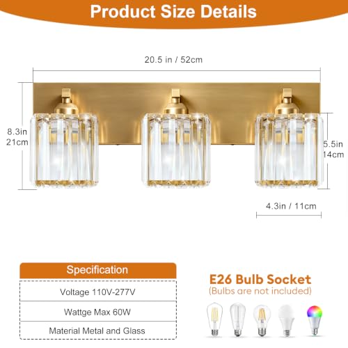 Image of Gold Crystal Bathroom Vanity Light, 3-Light Modern Bathroom Lighting Fixtures Over Mirror,Chrome Wall Sconce Light Fixtures with Square Shade